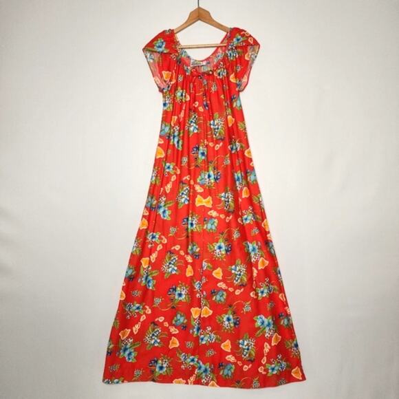 Vintage Hilo Hatties Red Hawaiian Floral Map Maxi Dress Small - Picture 1 of 7